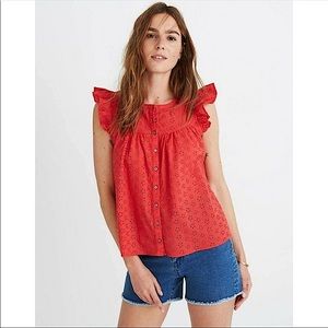 Madewell Eyelet Ruffle Sleeve Bib Top Button Down Red